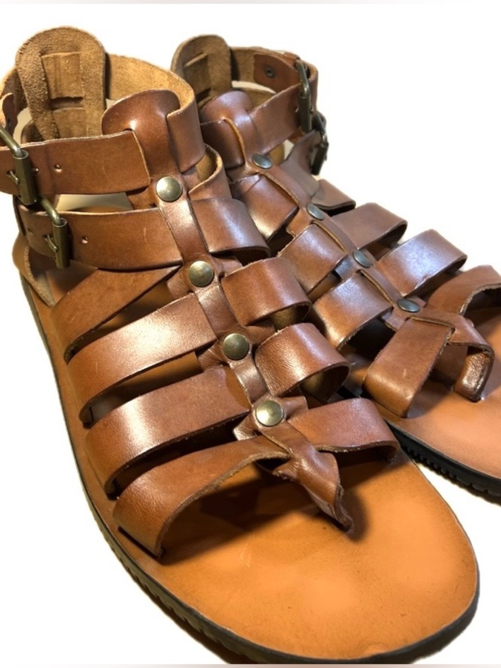 Saks Fifth Avenue Tan Brown Gladiator Leather  Men’s Sandal Size 11.5 Price $120 - Picture 2 of 9